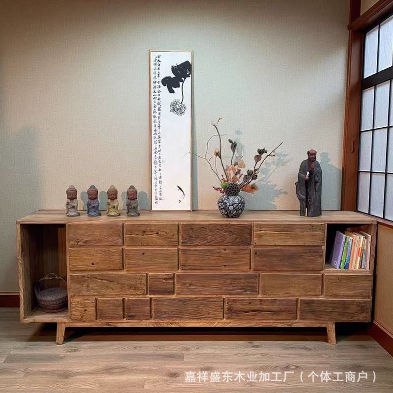 Wabi-Sabi Style Old Elm Sideboard Weathered Old Door Panel Solid Wood Storage Cabinet Home Living Room Wall Cabinet Storage Cabinet