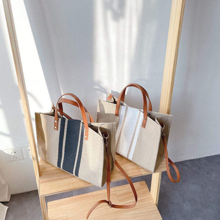 Versione coreana della valigetta portatile, borsa grande in tela quadrata a righe per pendolari, borsa da donna_voghion.com