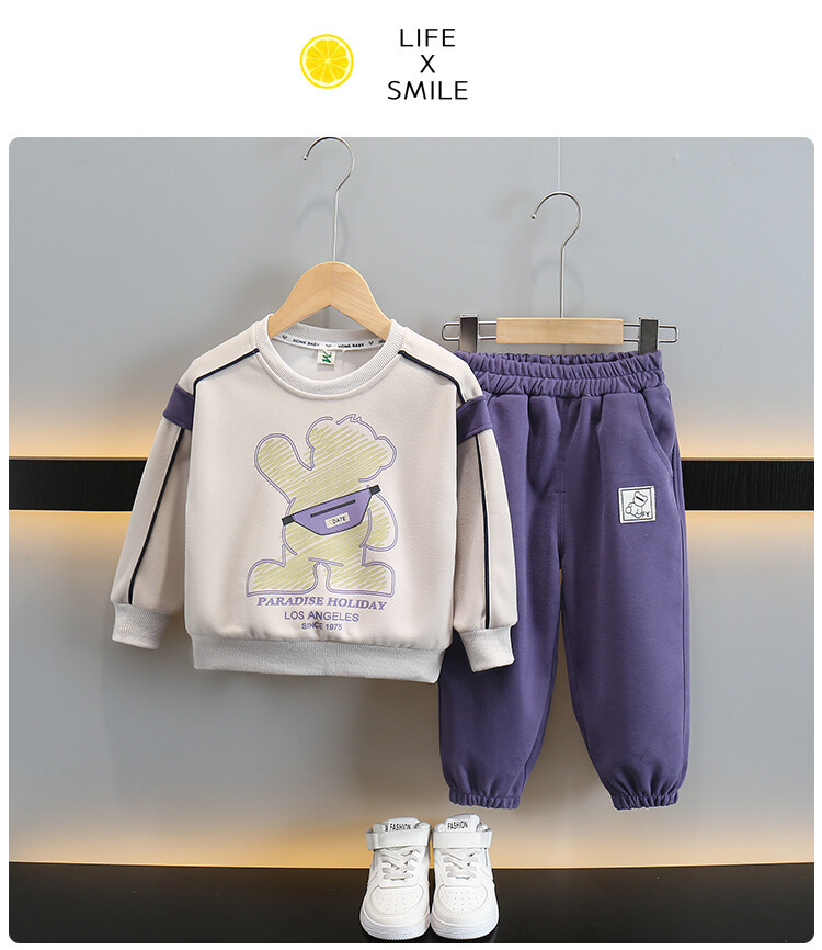 Bos‘ Rucksack Bär 2024 Frühling und Herbst Neue Stil Kinder Hübscher Cartoon Hoodie Zweiteiliges Set Babykleidung_voghion.com