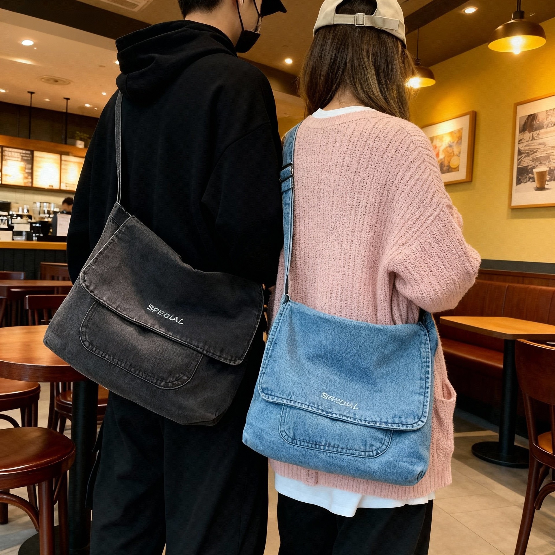 Casual Crossbody Bag for Women, Trendy Japanese Denim Canvas Hong Kong Style Street Fashion Student Retro Ins Shoulder Bag for Men