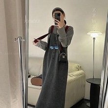 韩国东大门早秋新款慵懒风简约休闲百搭针织外穿宽松背带连衣长裙