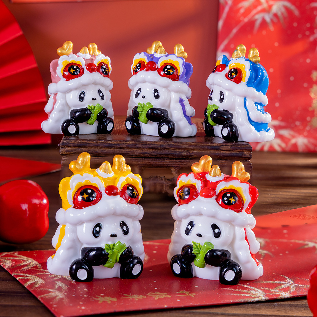 舞狮动物春节款树脂工艺品网红潮玩盲盒公仔手办车载摆件熊猫装饰