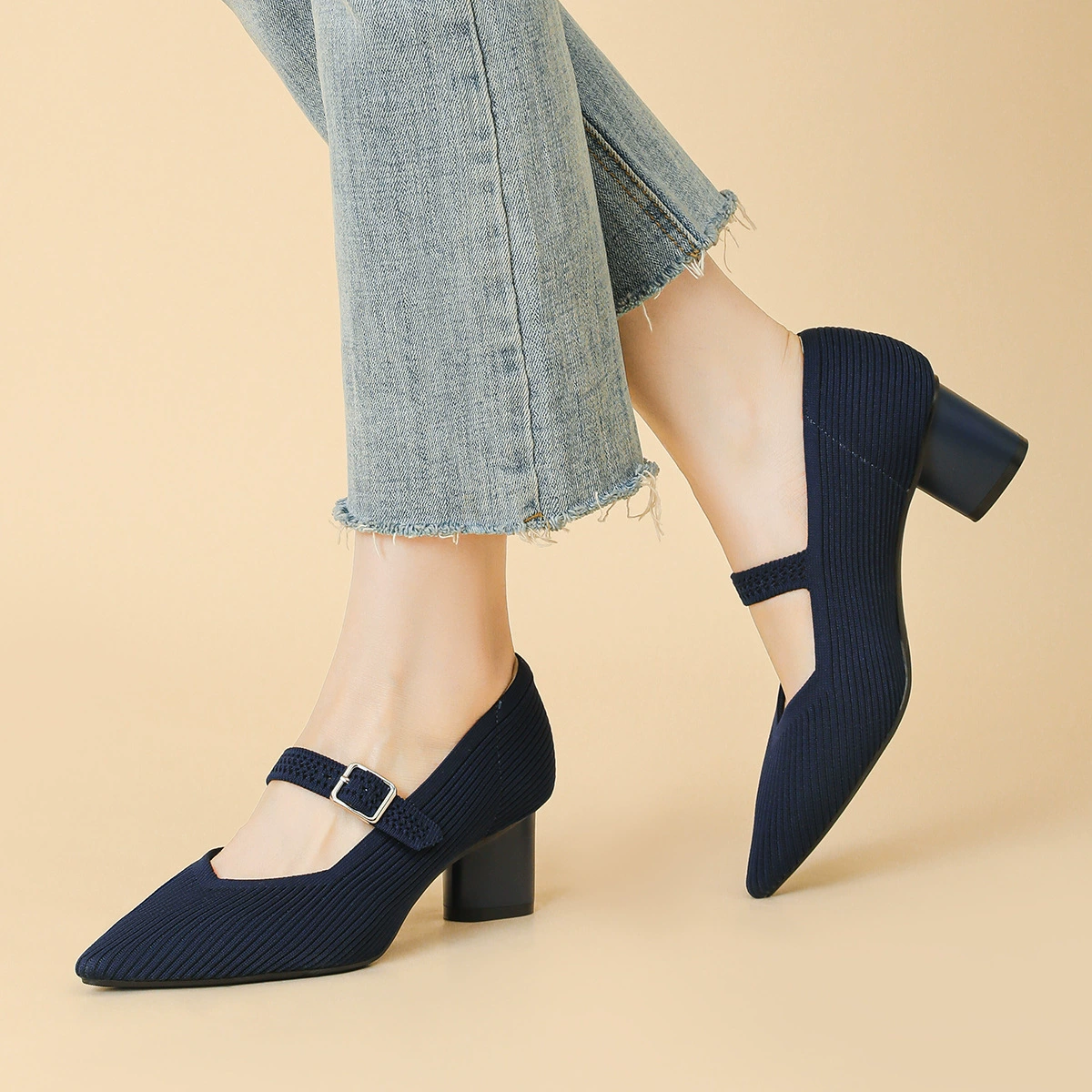 568-1 Обувь принцессы с острым ртом, женщина Мэри Джейн с дышащим вязаным каблуком, женская обувь на толстом каблуке