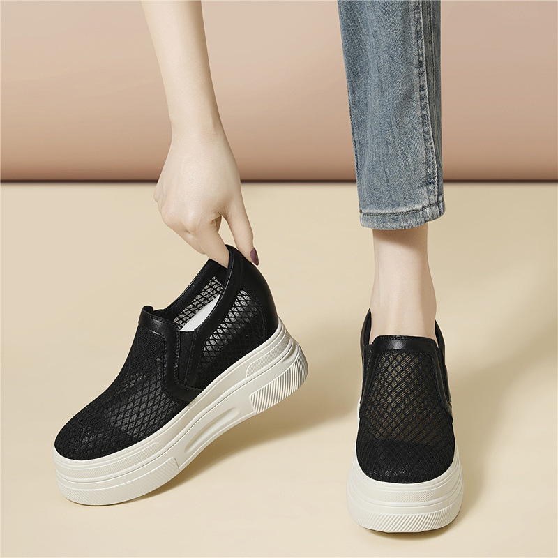 Giày sneaker nữ đế dày lưới thoáng khí một chân tăng chiều cao đi làm mùa xuân hè — 6124 Màu be, 6124 Da đen