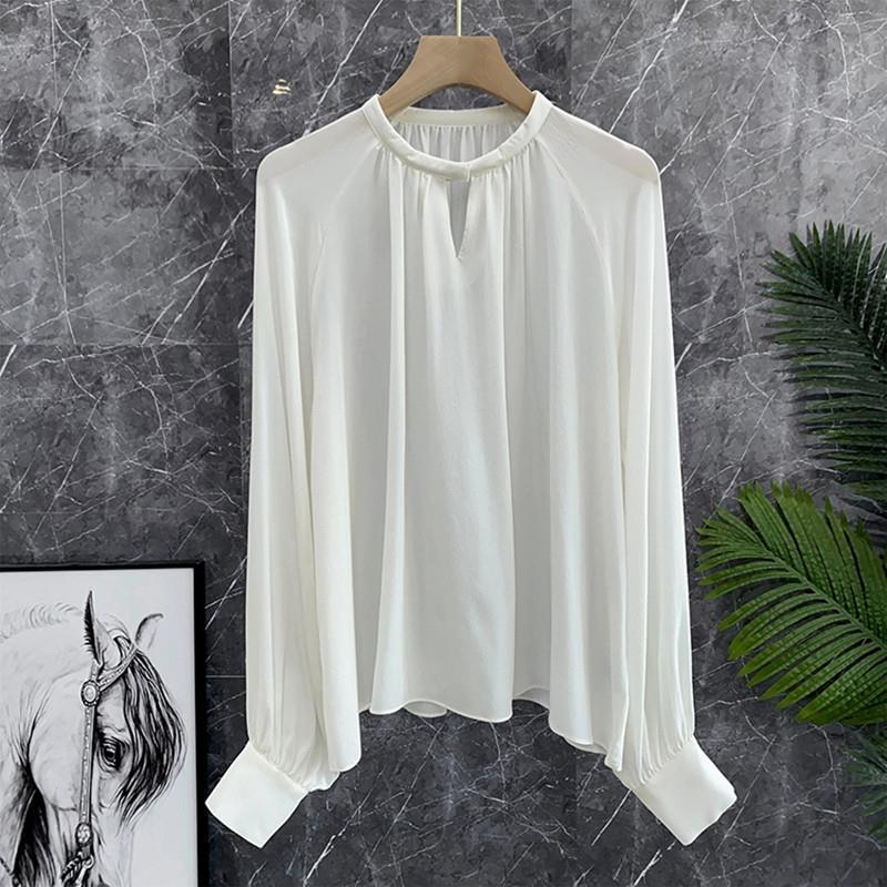 Cargo! Star with money! Sun pleated neckline! White Long Sleeve Silk Sunscreen Shirt Mulberry Silk Top
