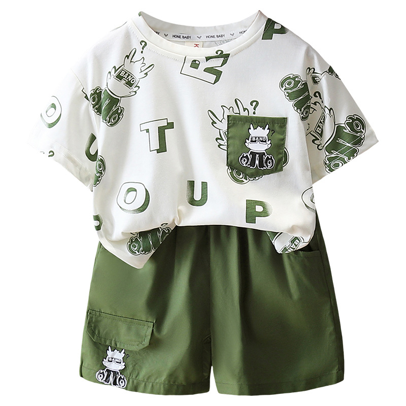 7173 Traje de verano para niños 2025 Nuevo estilo estilo occidental Camiseta estampada de manga corta Traje delgado de moda de dos piezas