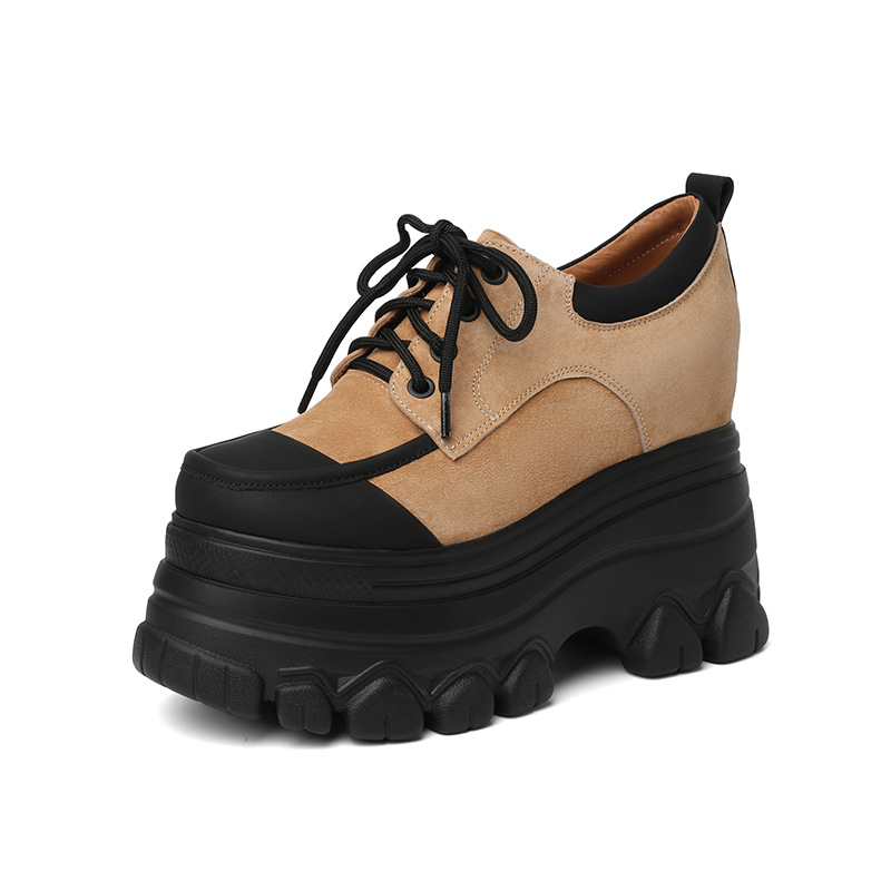Giày platform nữ đế xuồng buộc dây, gót trong 12 cm, da thật mềm mại — Màu trắng be