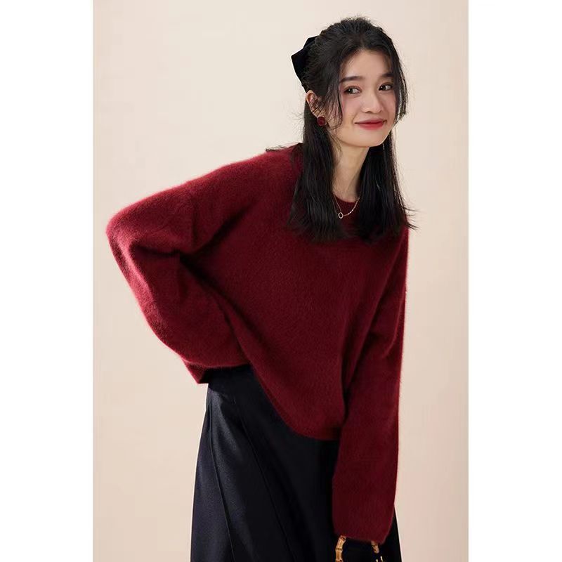 Red demi-season long Japanese retro knitted sweater