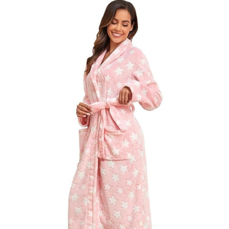 Men's Thick Fleece Long Bathrobe, Soft and Warm, Full-Length Shawl Collar Loungewear Pajamas, Star Pattern, Sizes S-Xxl