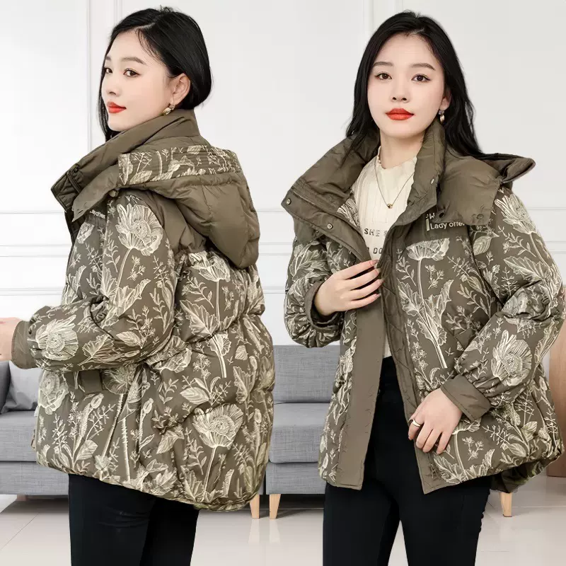 中年妈妈装加绒棉衣外套中时尚印花女洋气加厚棉服女冬装保暖棉袄