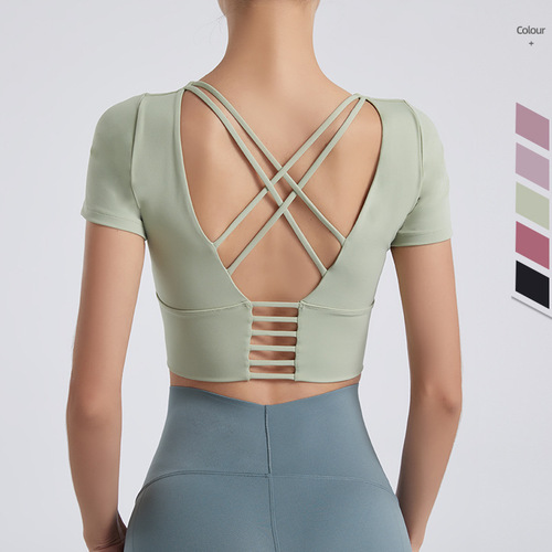 Internet celebrity's new female yoga wear, nude cross-beautiful back, navel-baring short-sleeved T-shirt, slim stretch sports fitness underwear