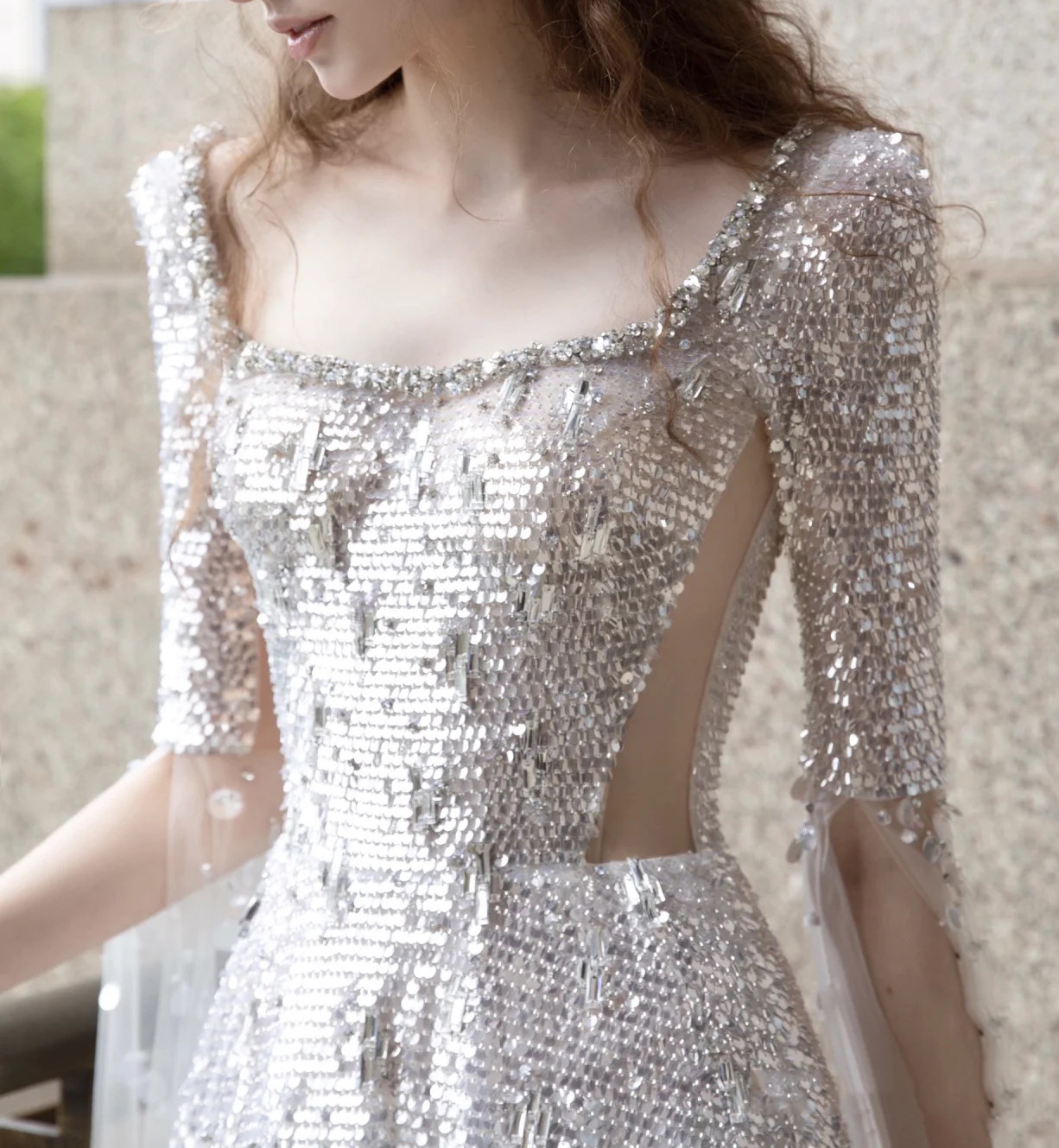 Women's Silver Sequined Off-The-Shoulder Evening Gown Hepburn Style Starry Sky Party Toast Dress Model Runway Annual Event_ecoleips.com