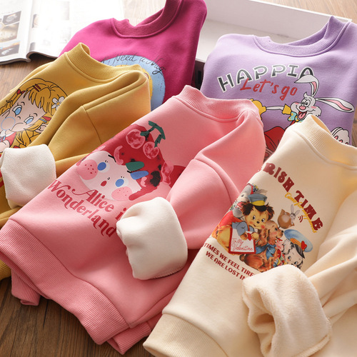 Girls' velvet round-neck sweatshirt, children's style cartoon all-in-one Austrian velvet warm casual pullover top, late autumn and winter