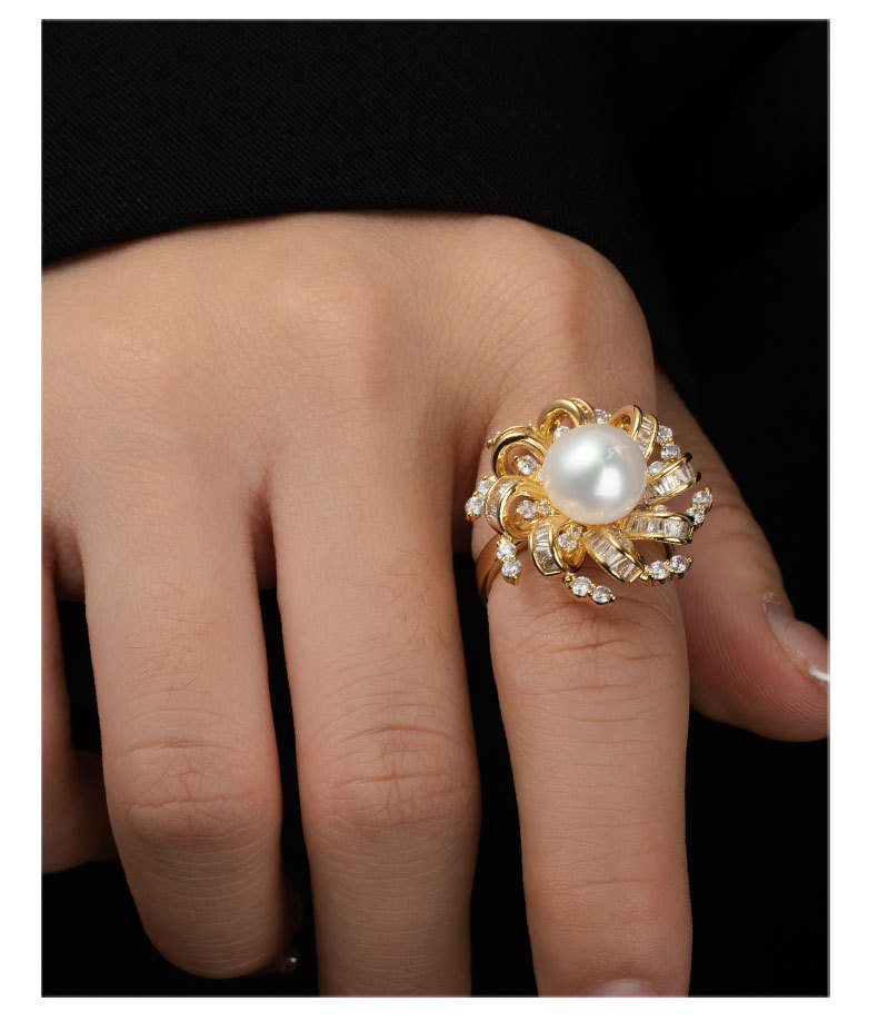 法式复古高级感花朵开口戒指小众轻奢风淡水珍珠食指戒
