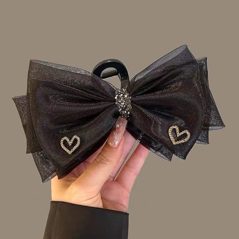 Satín de alta sensación, arco negro grande, clip de tiburón, toque de cabeza, clip de nube, clip de agarre, clip de cabello, tarjeta de cabello de mujer