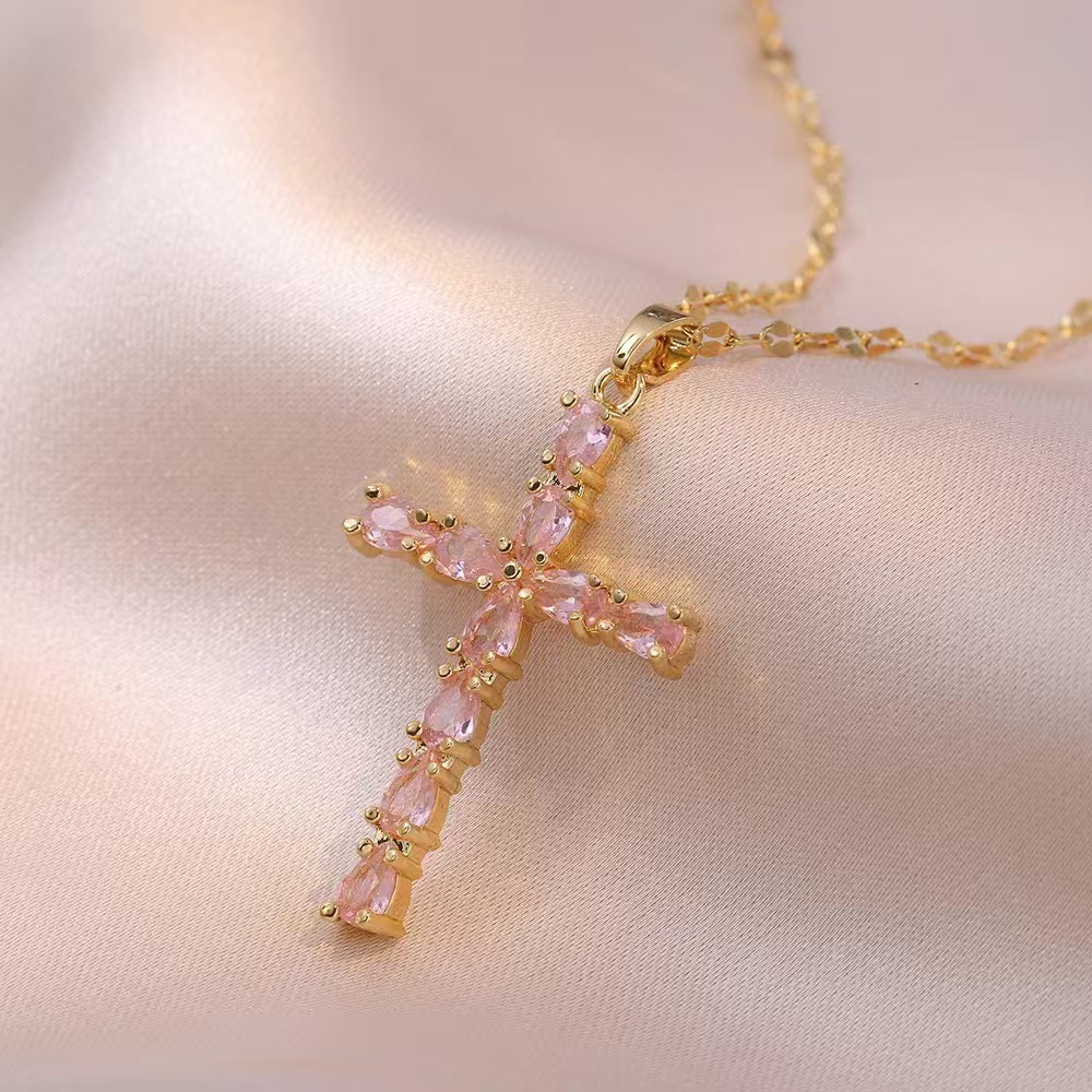 Wholesale Jewelry Shiny Cross Titanium Steel Zircon Inlay Pendant Necklace Cable Chain display picture 17