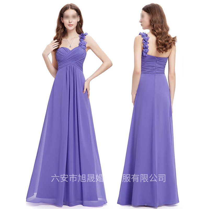 New Cross-Border Style Bridesmaid Dress for Sisters, Chiffon One-Shoulder Floral Slim-Fit Dress for Toasting, Graduation Performance Long Dress