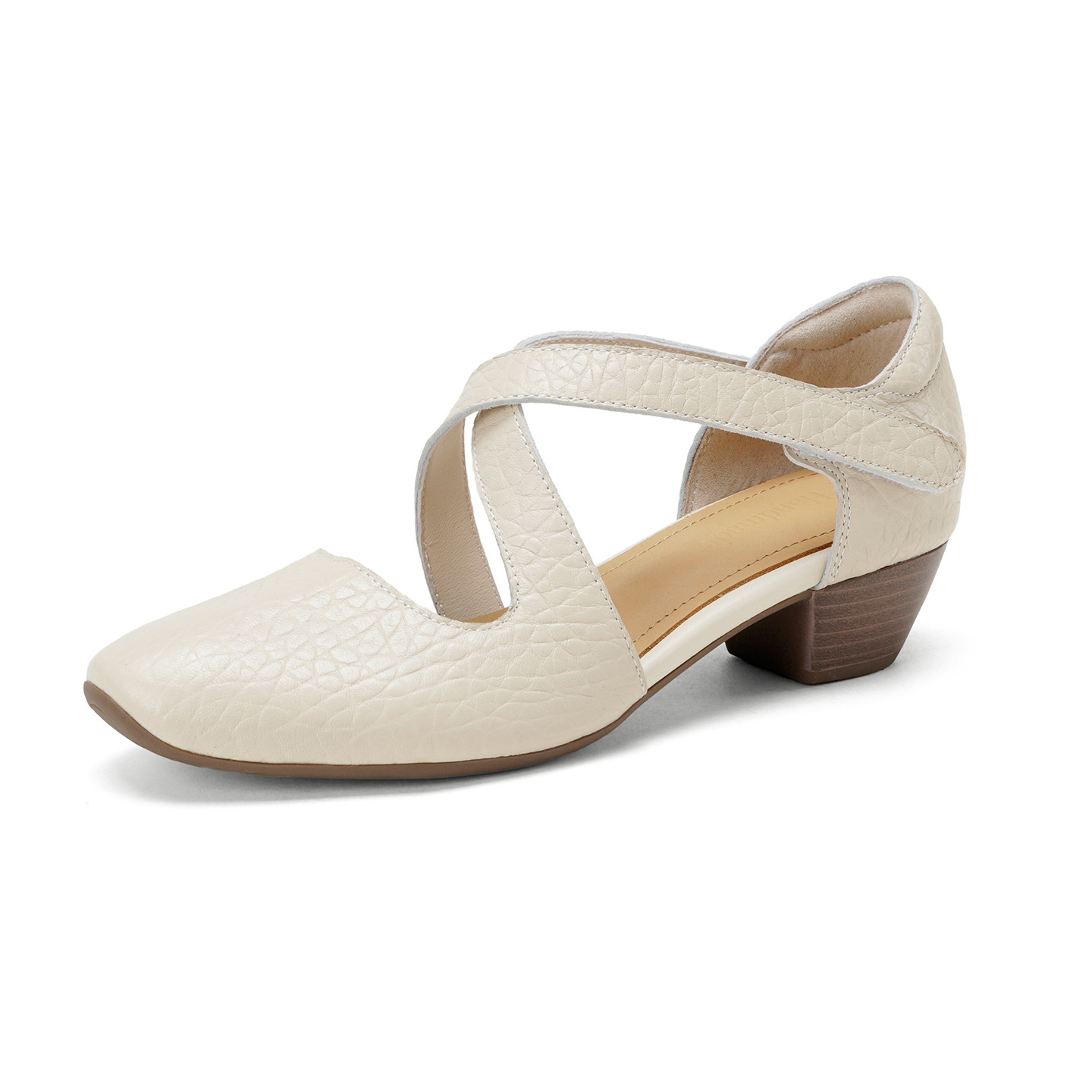 Sandal nữ da cừu mũi trùm gót vuông quai chéo dán — màu trắng ngà