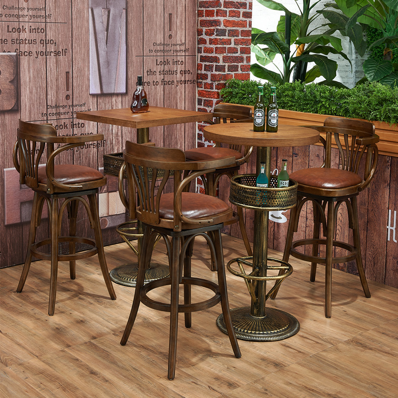 Retro Solid Wood Bar Table and Chair Combination Bar Bar High Stool Swivel Armrest High Chair Cafe Table and Chair