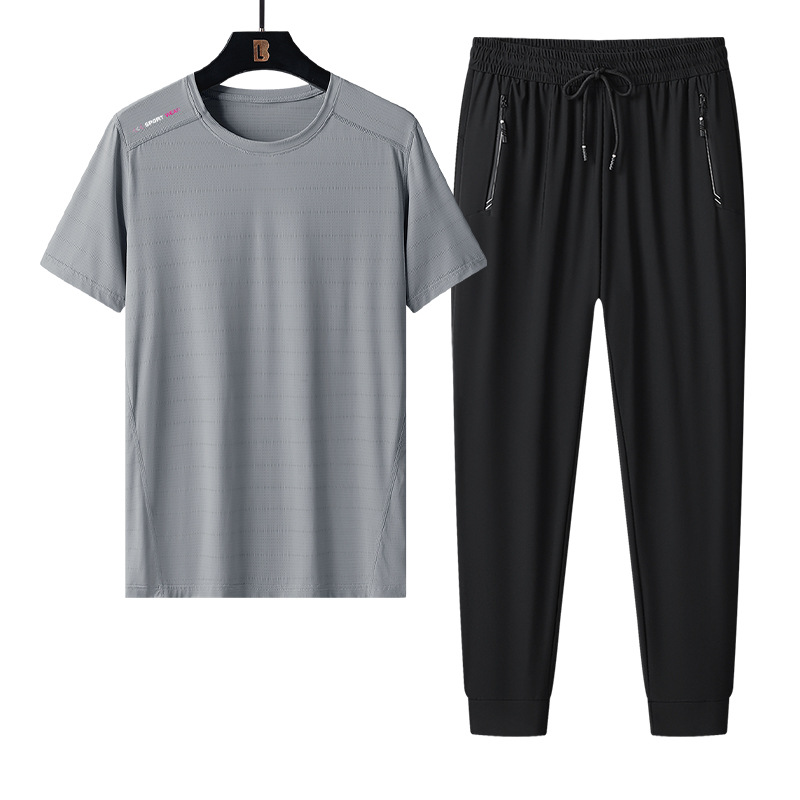 Trajes deportivos transfronterizos para hombres nuevos hielo de tamaño grande de verano delgado ropa deportiva de secado rápido para papá con pantalones superiores