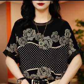 一件代发直播爆款2025夏季新款时尚圆领波点玫瑰印花宽松短袖T恤