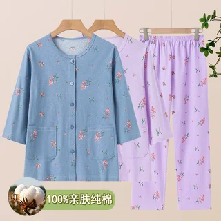 新款中年妈妈睡衣女款春夏季奶奶纯棉七分袖老人家居服套装全棉