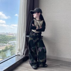 女童秋季时髦设计感花卉蝴蝶阔腿裤女孩修身短款废土风打底衫潮