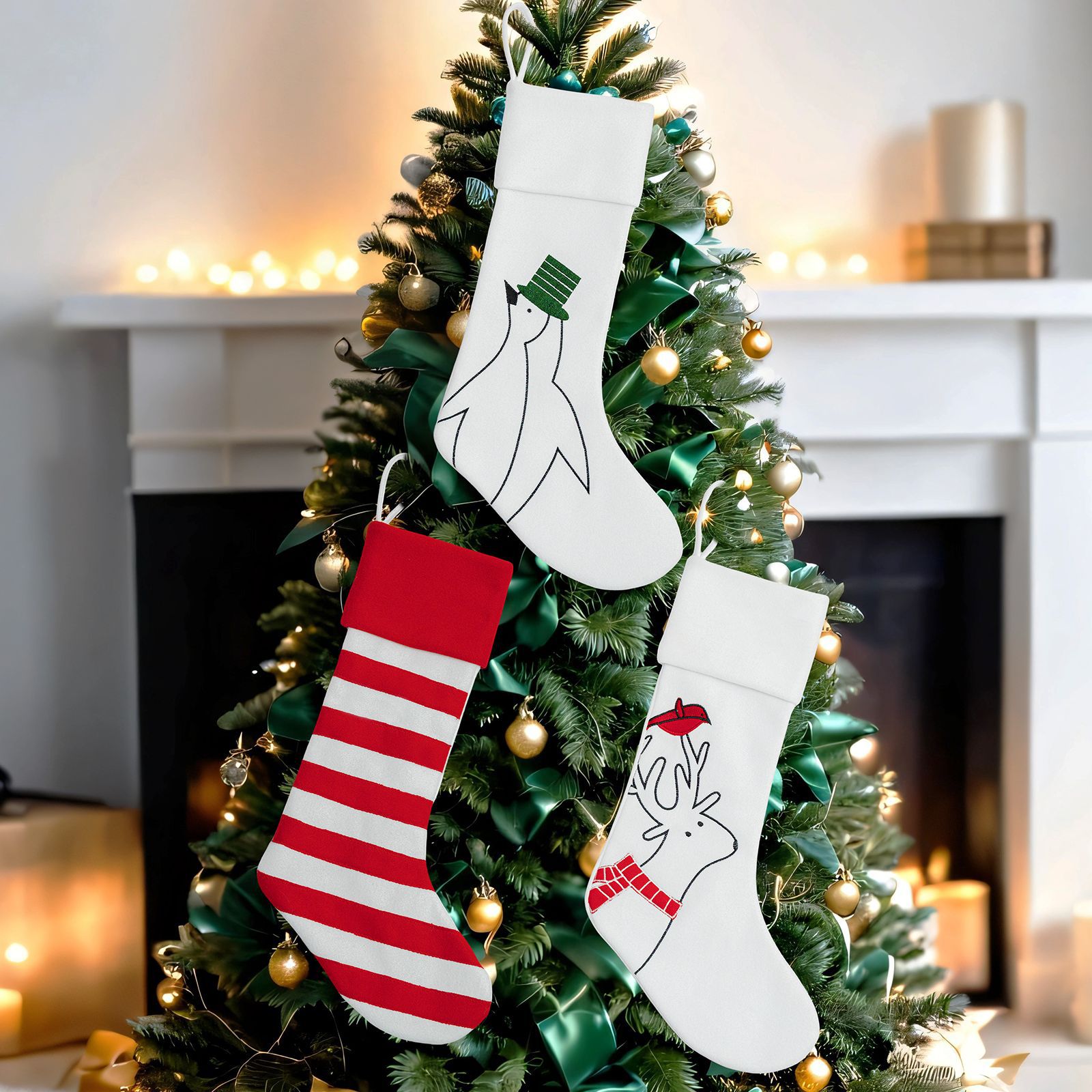 Navidad transfronteriza calcetines de Navidad blancas lindas rayas calcetines de decoración de Navidad grandes bolsas de regalo pingüino bolsas de dulces