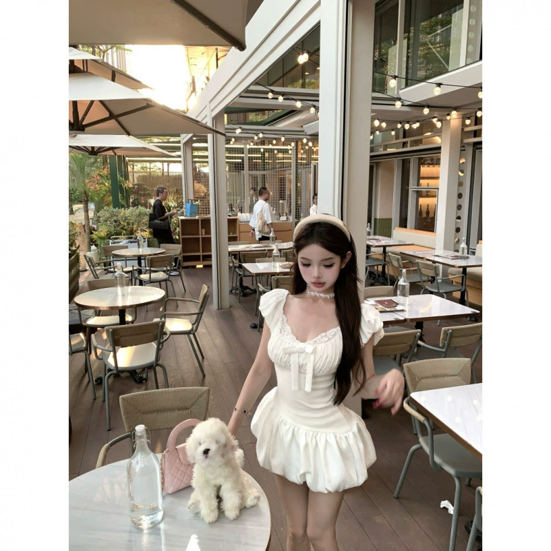 Женское летнее платье с бантом и кружевом в балетном стиле, юбка с короткими рукавами и талией, милая юбка трапециевидной формы Pure Desire