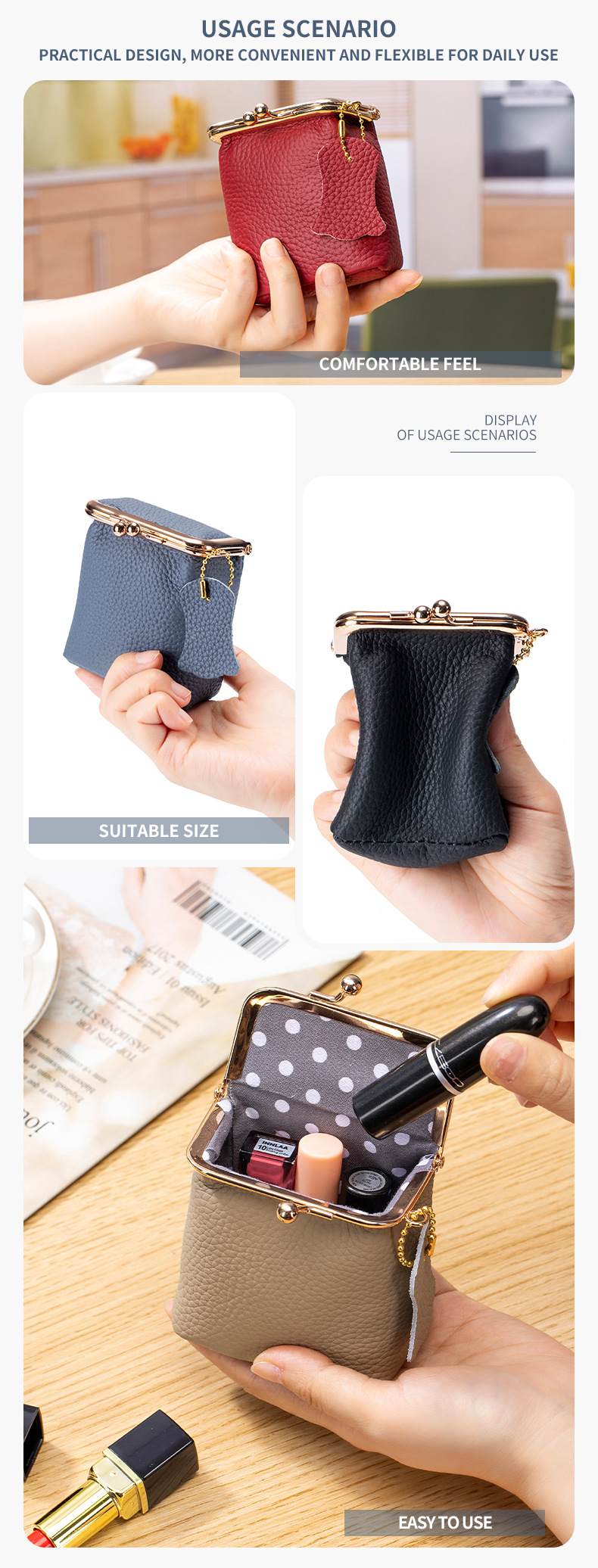 New leather mini mouth red envelope ins style lychee pattern multifunctional lipstick box convenient change coin storage_voghion.com