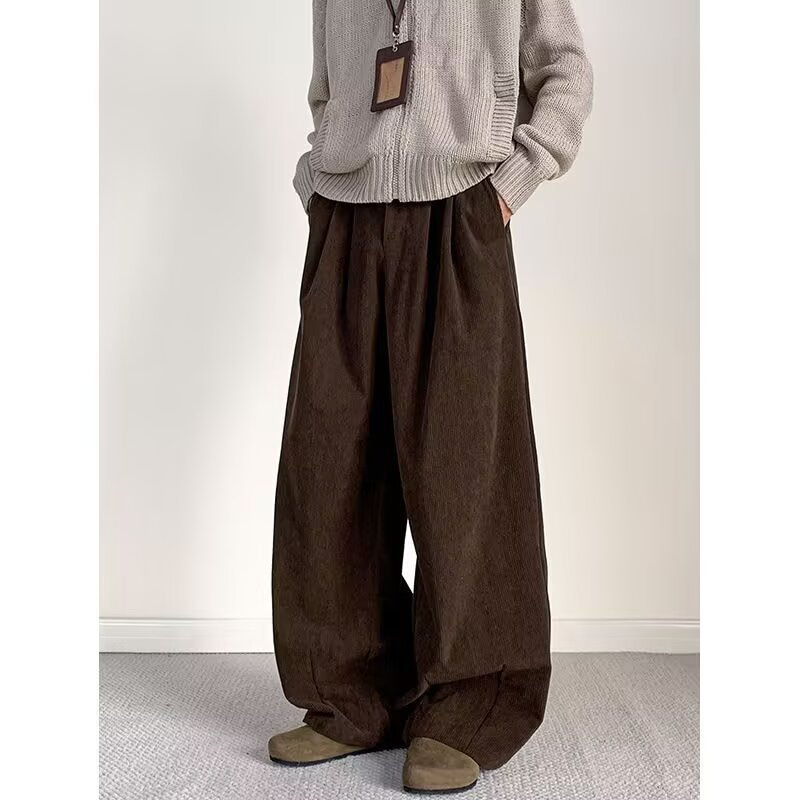 Vintage Melard Brown Fleece-Lined Pants for Men, Spring and Autumn, Loose Straight-Leg Wide-Leg American-Style Floor-Length Casual Corduroy Trousers