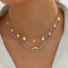 七彩贝壳欧美批发外贸串珠滴油女金吊坠双层项链复古合锁骨链新款