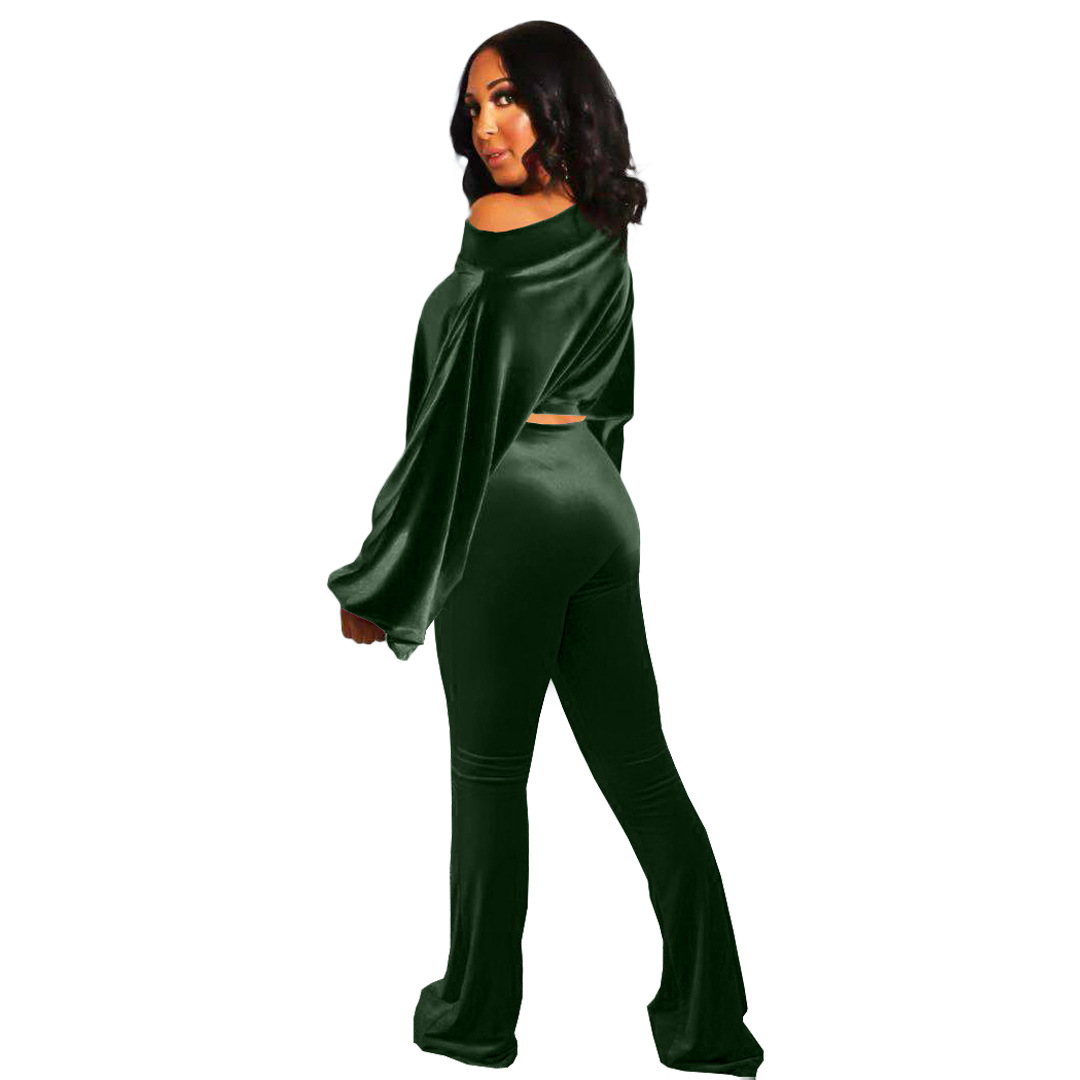 solid color one-shoulder top bell bottoms two-piece set nihaostyles clothing wholesale NSOJS83461