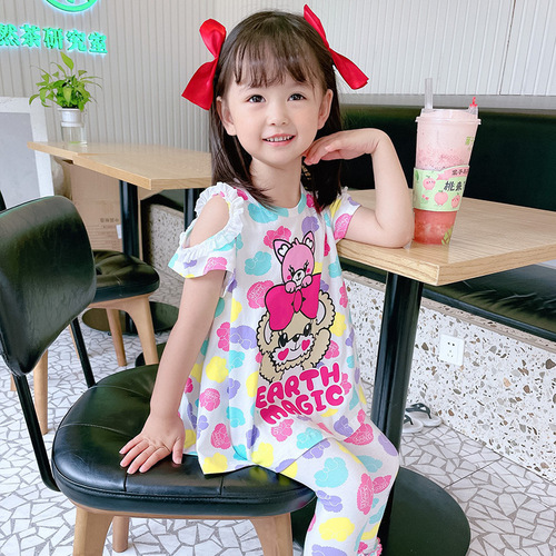2024 New Girls Summer Clothes EM Japanese Trendy Children's Clothes Cartoon Bear Off-Shoulder T-Lace Leggings Suit