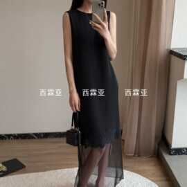 金辉夏季真丝弹力重绉下摆拼欧根纱蕾丝连衣裙