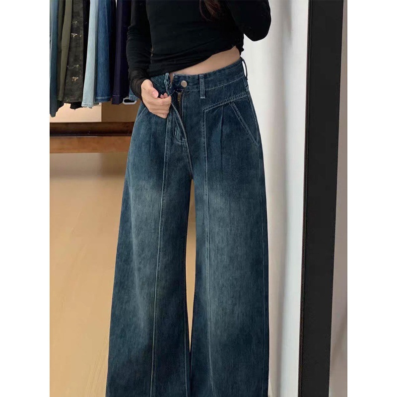 复古直筒牛仔裤女秋冬加绒款大码胖mm梨型身材高腰宽松显瘦阔腿裤