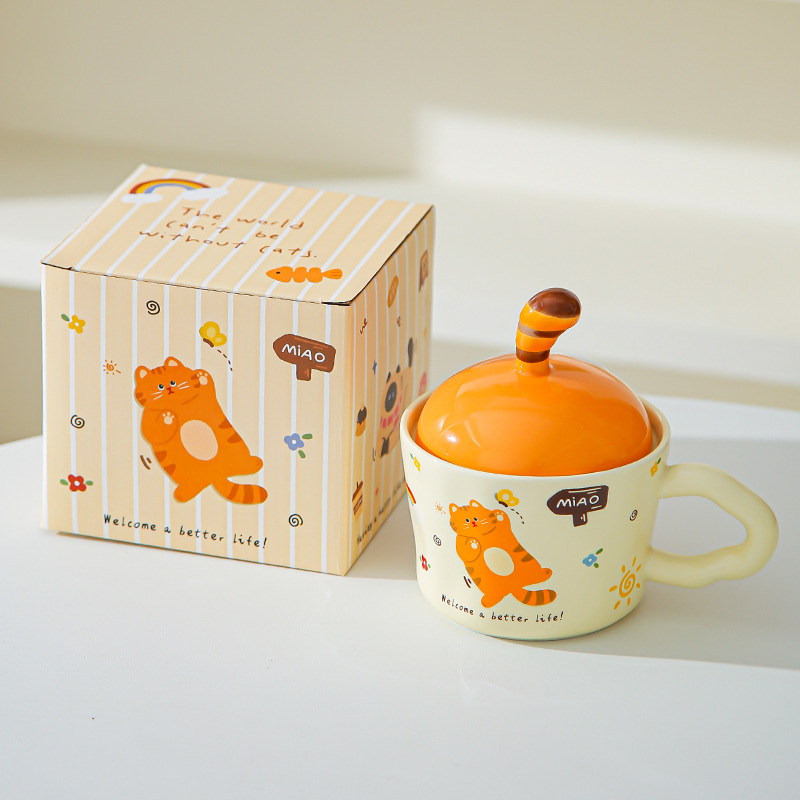 Divertido gato de dibujos animados tazas con cubierta de oficina adorable ins tazas de cerámica tazas de regalo creativas personales