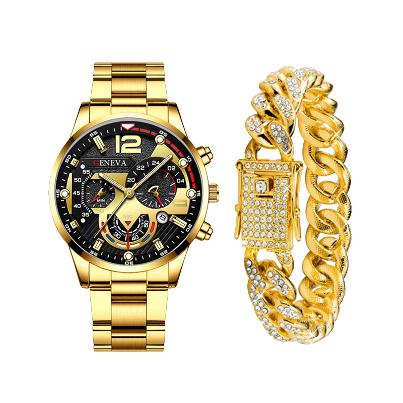 Geneva Quality Men's Fashion Stainless Steel Band Business Watch Luminous Hands Quartz Watch with Calendar