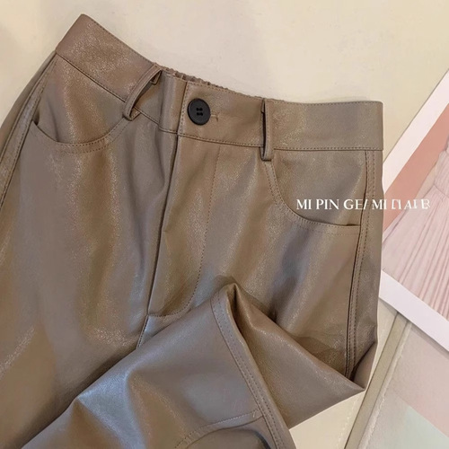 Women's 2025 High-Waisted Straight Brown PU Leather Pants, Small Figure 9/10 Length, Suitable for Spring and Autumn Outwear