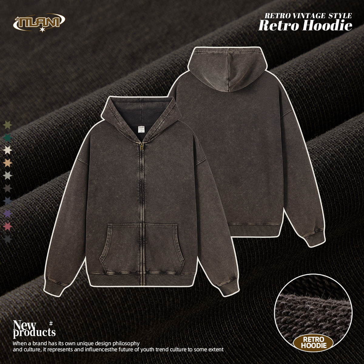 TILANI men's high street batik high quality 420G men's and women's zipper sweatshirt round neck long sleeve trousers three-piece suit