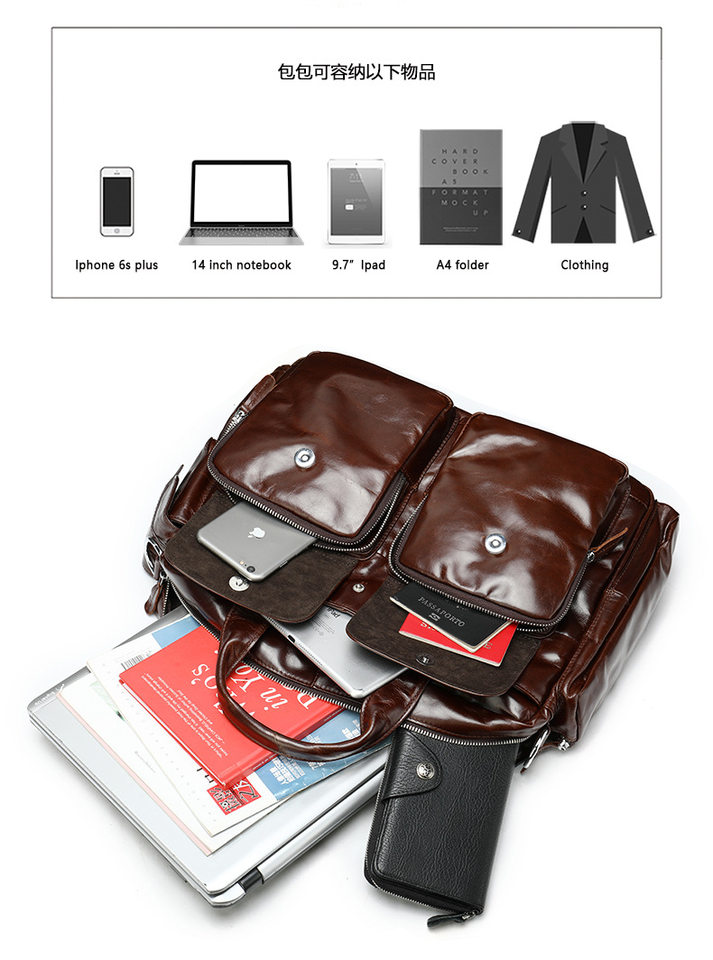 Túi xách công sở da thật da bò lớp đầu chống mài mòn, túi đeo vai nam đựng laptop 15 inch — Da ngựa điên màu cà phê chi tiết 16
