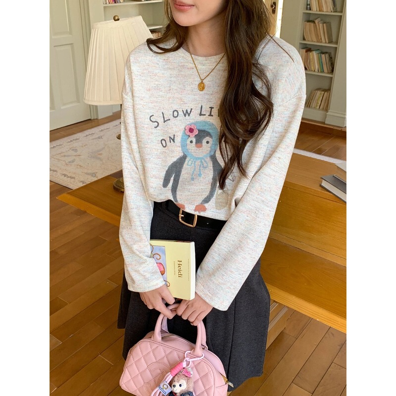 3th Morning Autumn New Arrival Relaxed Fit Penguin Print Drop Shoulder T-Shirt ZY4412