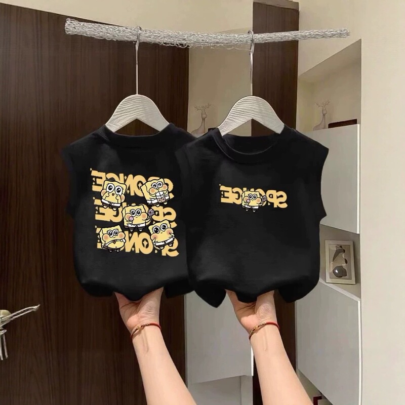 Cute printed sleeveless T-shirt for boys and girls, summer children's clothing, pure cotton vest, breathable round-neck top for toddlers and young children