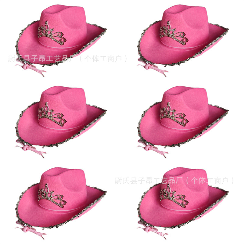 Pink Silver-Edged Adult Cowboy Hat with Sequins and Crown, Non-Woven Fabric Shaped Felt Hat