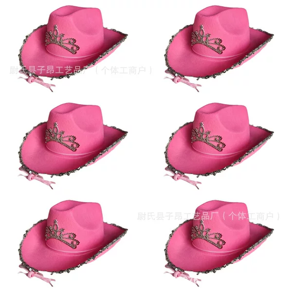 Pink Silver-Edged Adult Cowboy Hat with Sequins and Crown, Non-Woven Fabric Shaped Felt Hat