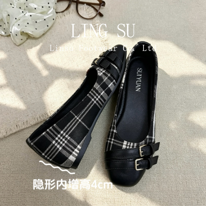 In stock~ College-style plaid double-buckle Mary Jane shoes for women, new autumn model, with internal height increase, versatile slip-on for commuting In stock~ College-style plaid double-buckle Mary Jane shoes for women, new autumn model, with internal height increase, versatile slip-on for commuting