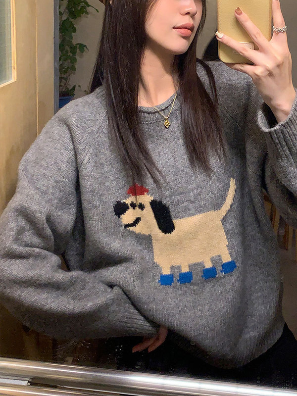 小狗日记高品质提花混纺毛衣女秋季可爱休闲圆领针织衫|undefined