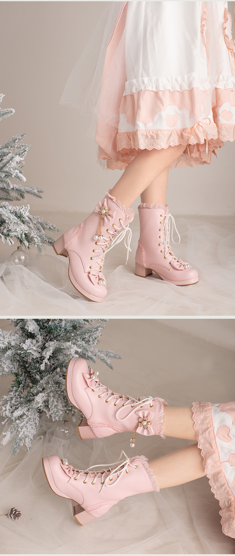 Female Bow Thick Heeled Short Boots Lolita Shoes