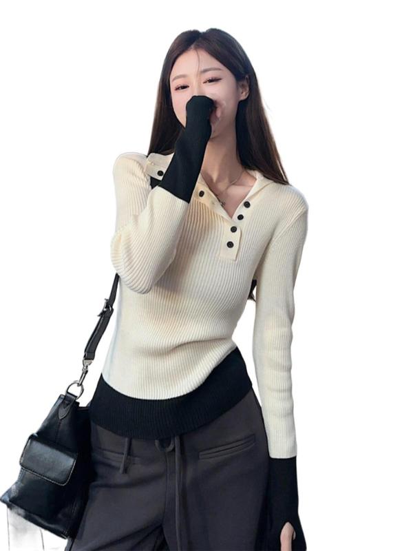 撞色翻领针织打底衫设计感女秋冬季百搭加厚修身毛衣内搭韩系上衣|undefined