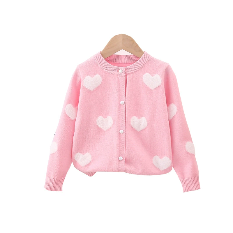 Children's Autumn Cardigan Knit Sweater, Hearts Pattern, Sizes 100–140 cm